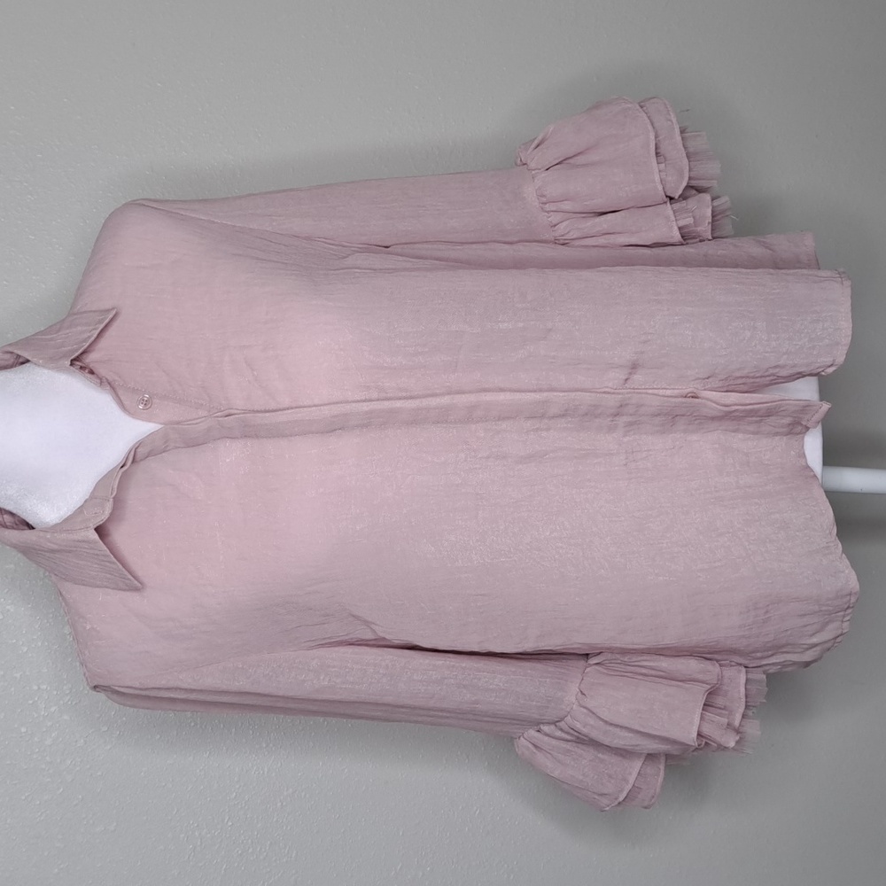 Reset By Jane Button Front Blouse Pink Long Sleeve Top Small Sheer Lace